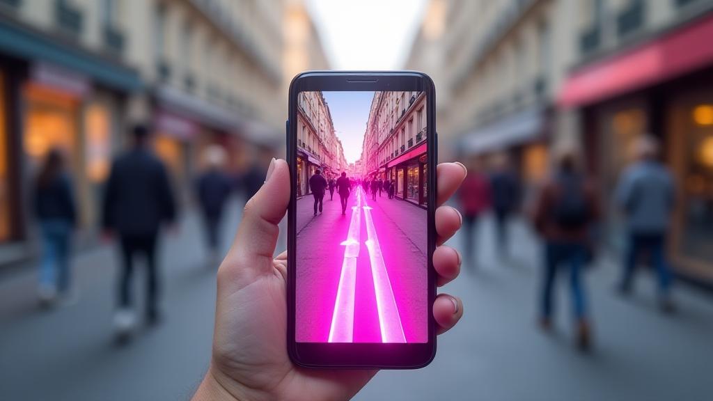 Vue en réalité augmentée des rues de Paris avec flèches de direction superposées